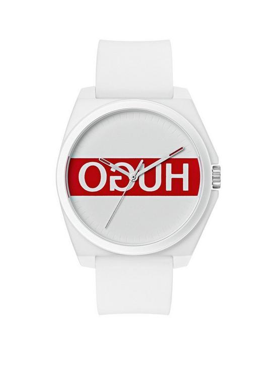 Silver On a Red Hand Logo - HUGO Hugo Play White And Red 3 Hand Logo Dial With White Rubber