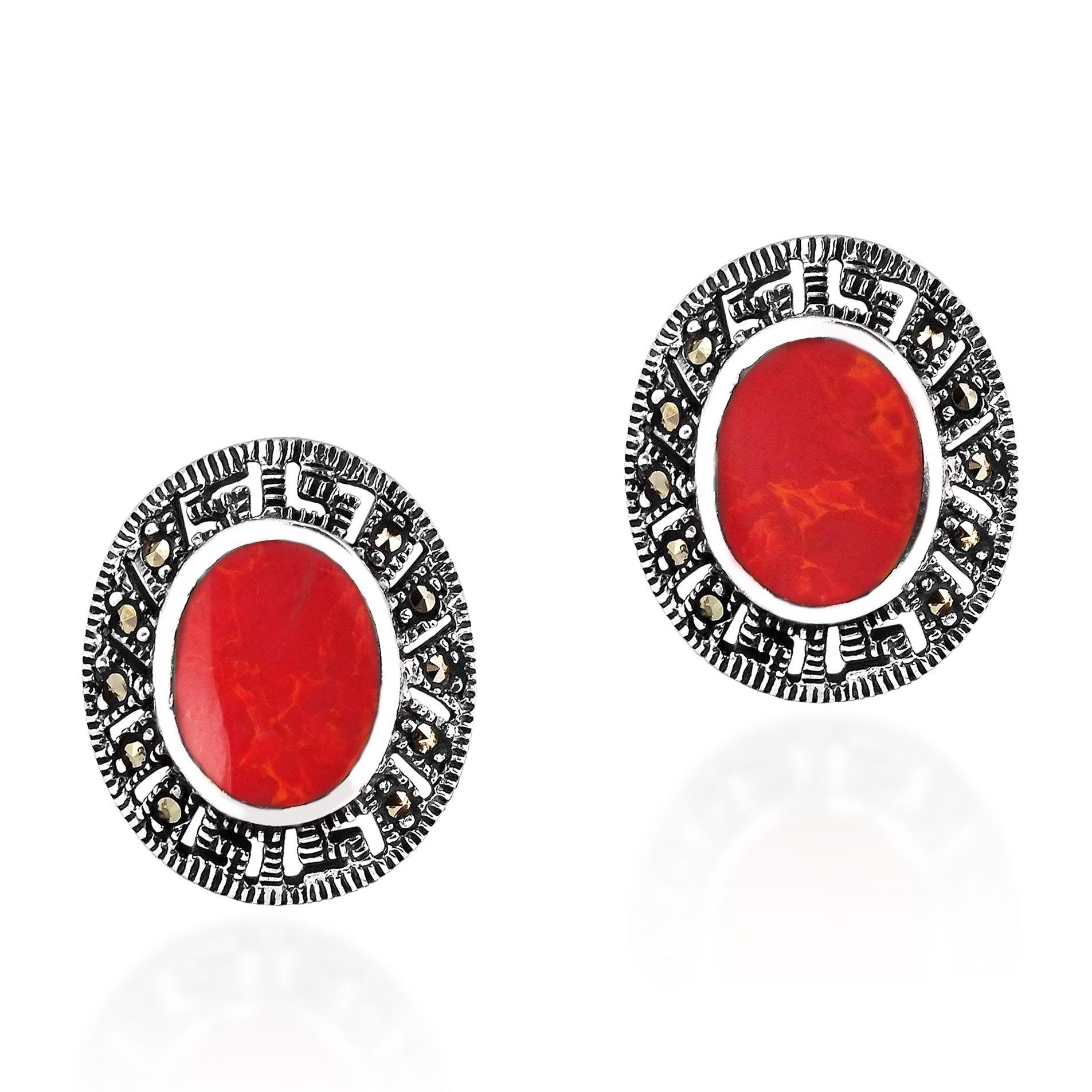 Silver On a Red Hand Logo - Vintage Red Coral Oval Marcasite Frame Sterling Silver Post Earrings ...