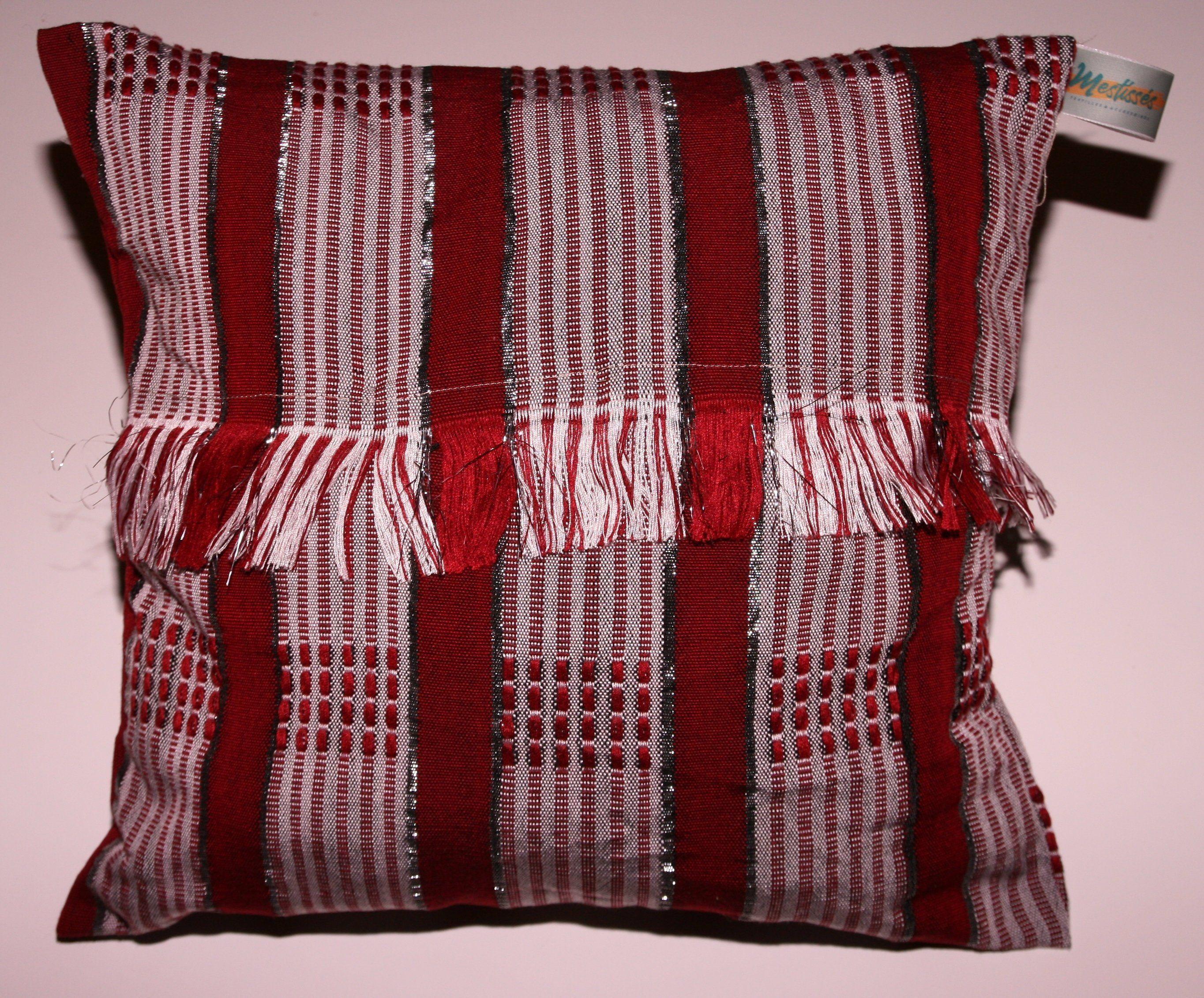 Silver On a Red Hand Logo - Cotton pillow woven red and silver fringe 35 x 37 cm, silver and red ...