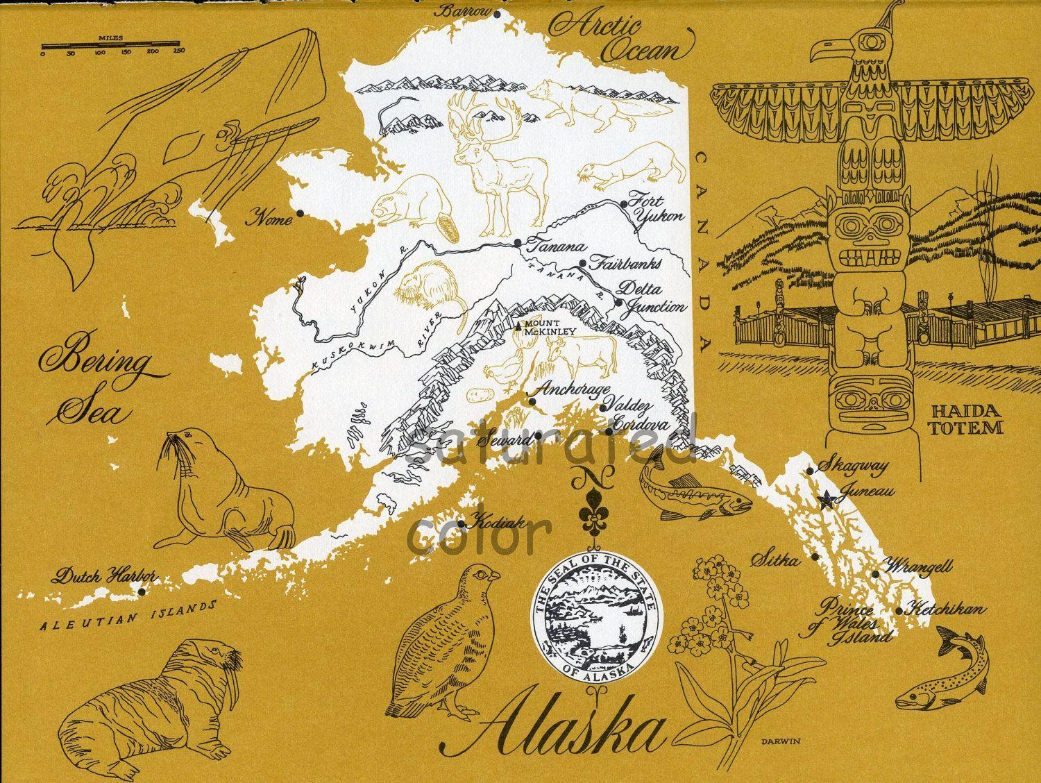 Colorful Alaska Logo - Alaska Map - ORIGINAL Vintage 1960s Picture Map - Fun Retro Colors ...