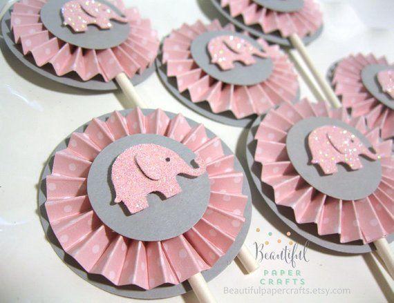 Gray and Pink Cupcake Logo - Elephant Baby Shower Pink and Gray Elephant Cupcake Toppers