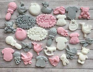 Gray and Pink Cupcake Logo - Pink, Pale Grey White Baby Girl Christening Edible Cupcake Toppers