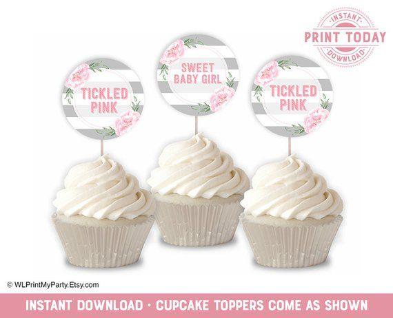 Gray and Pink Cupcake Logo - Printable Baby Shower Cupcake Toppers for Girls, Floral Stripes Gray ...