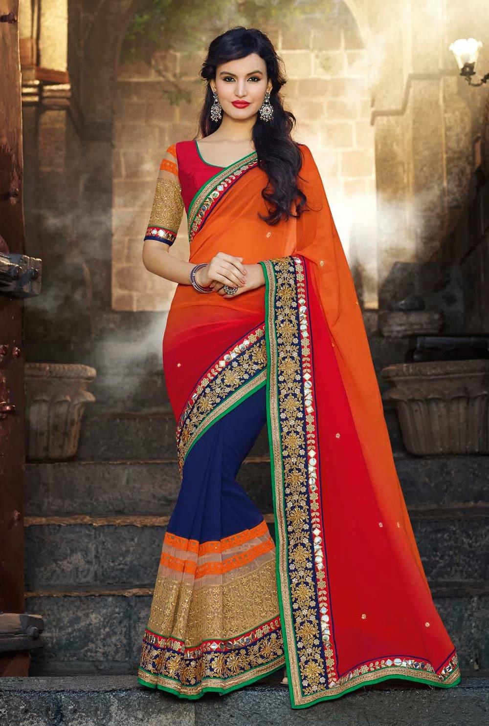 Orange and Blue Indian Logo - Buy half saree online india, Blue & Orange Indian half saree