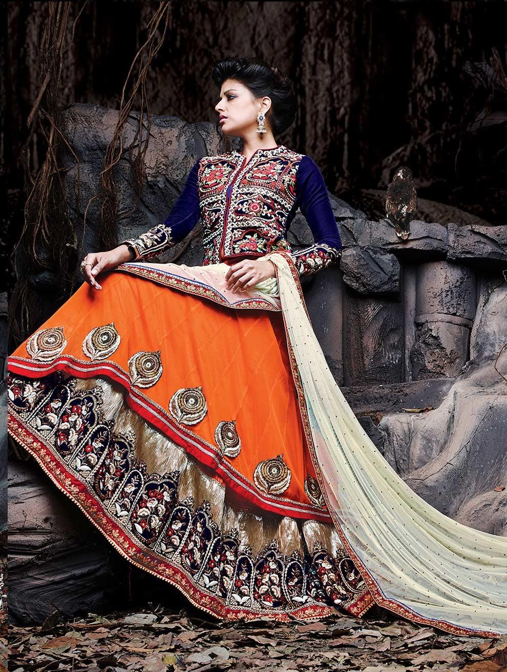 Orange and Blue Indian Logo - Orange & Blue indian lehenga, buy designer lehengas for wedding