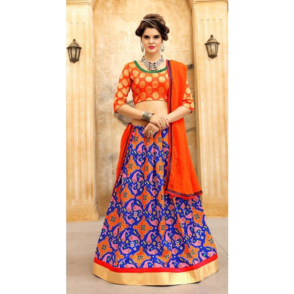 Orange and Blue Indian Logo - Glossy Blue And Orange Silk Indian Lehenga Choli