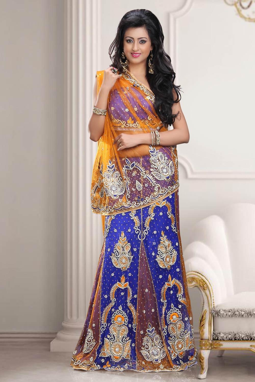Orange and Blue Indian Logo - Indian lehenga sarees online shopping UAE, Blue & Orange lehenga saree