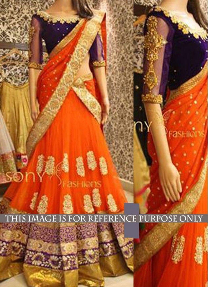 Orange and Blue Indian Logo - Net Embroidered Navy Blue and Orange Designer Lehenga Choli ...