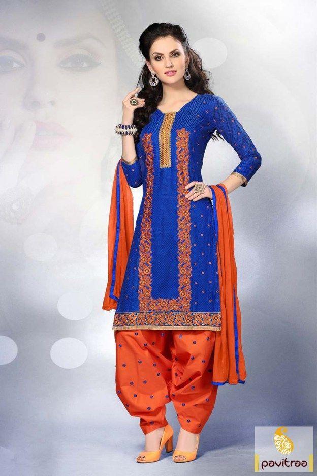 Orange and Blue Indian Logo - Blue and Orange, #Embroidery work, #Design, #Punjabi Salwar Suit