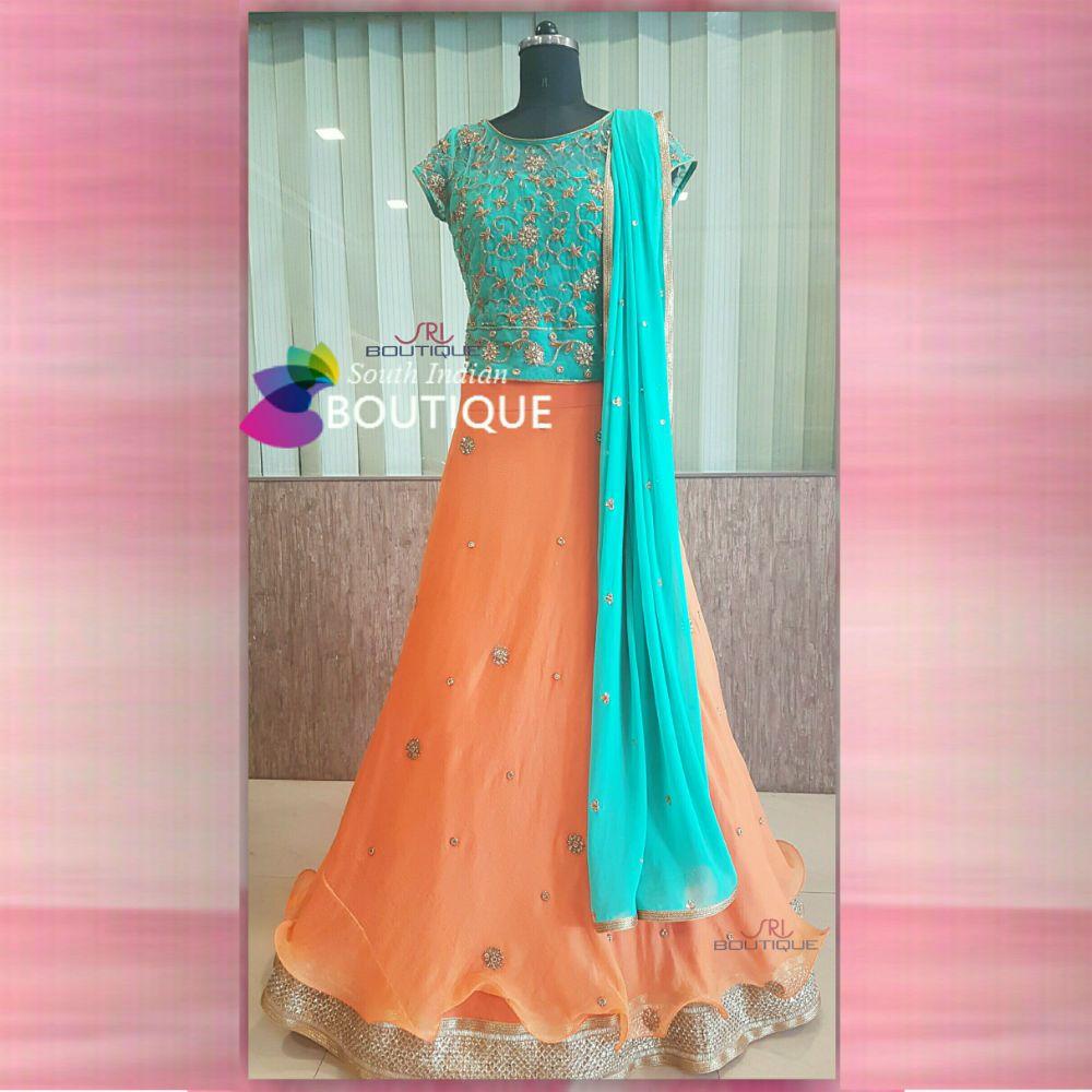 Orange and Blue Indian Logo - Orange & Sky Blue Designer Lehenga | South Indian Boutique