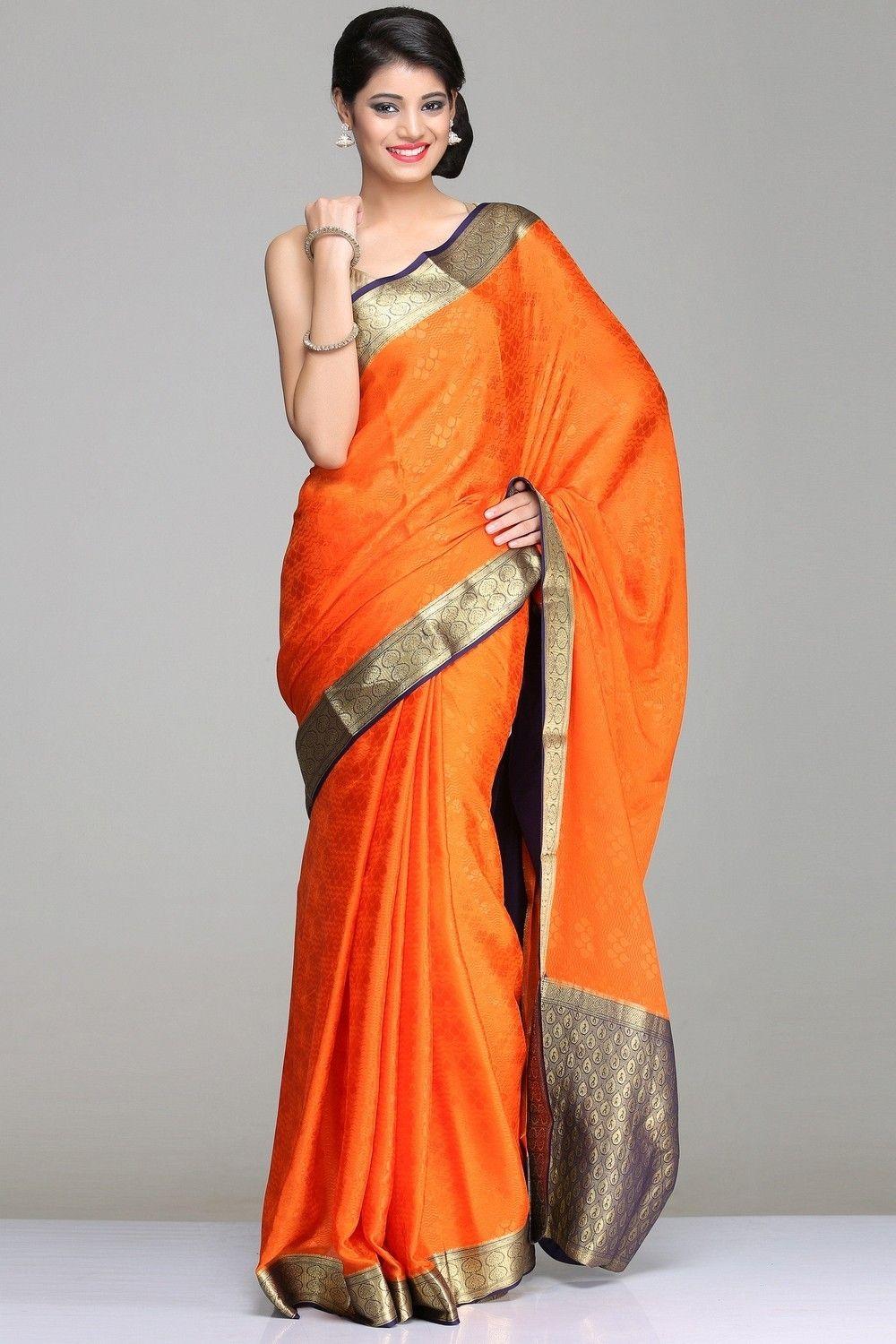 Orange and Blue Indian Logo - Mysore Silk Sarees | Self-Patterned Orange & Blue Mysore Silk Saree ...