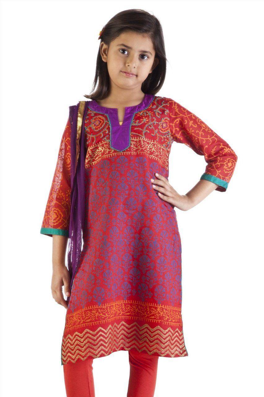 Orange and Blue Indian Logo - MB Girl's Indian Orange and Blue Print Kurta Tunic with Churidar ...