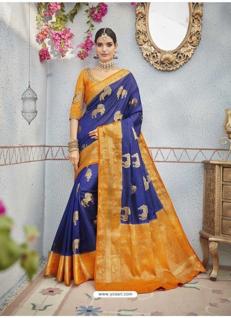 Orange and Blue Indian Logo - Astonishing Navy Blue And Orange Banarasi Silk Designer Saree. Silk