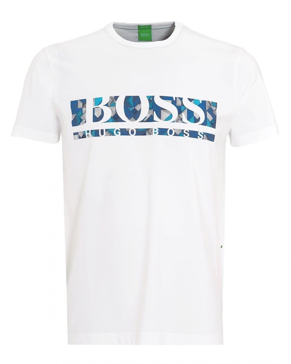 Green White Geometric Logo - Hugo Boss Green Mens Tee 5 T-Shirt, Geometric Panel White Tee