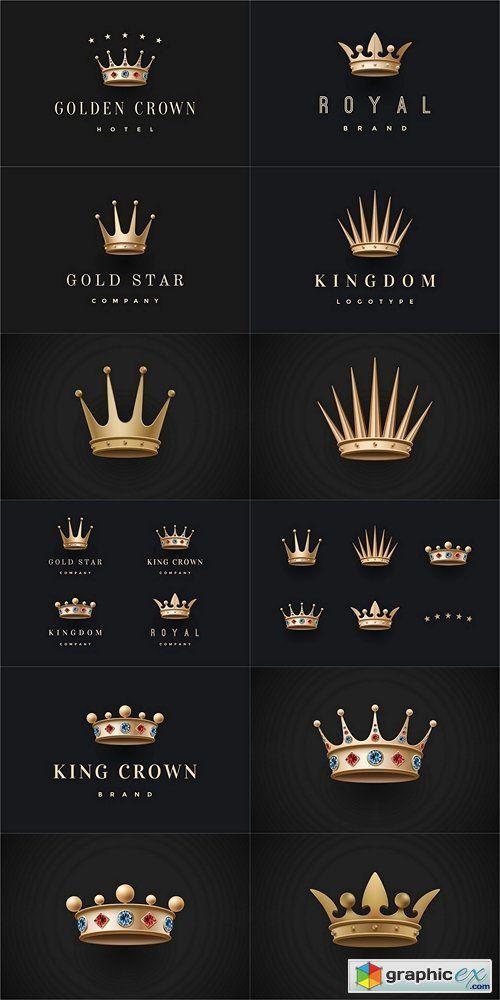 Gold Crown Brand Logo - Set of royal gold crowns icons and logos. Isolated luxury logo