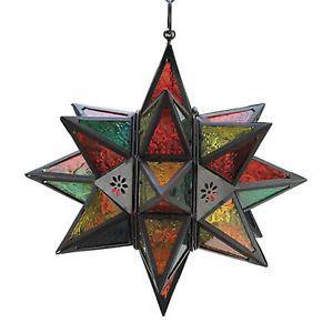 Multicolored Star Logo - 34690 Moroccan Style Star Hanging Candle Lantern Multi-Color Glass ...