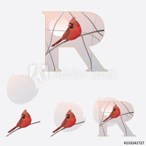 Standing Red Bird Logo - Illustrated capital letter R in winter theme with red cardinal bird ...