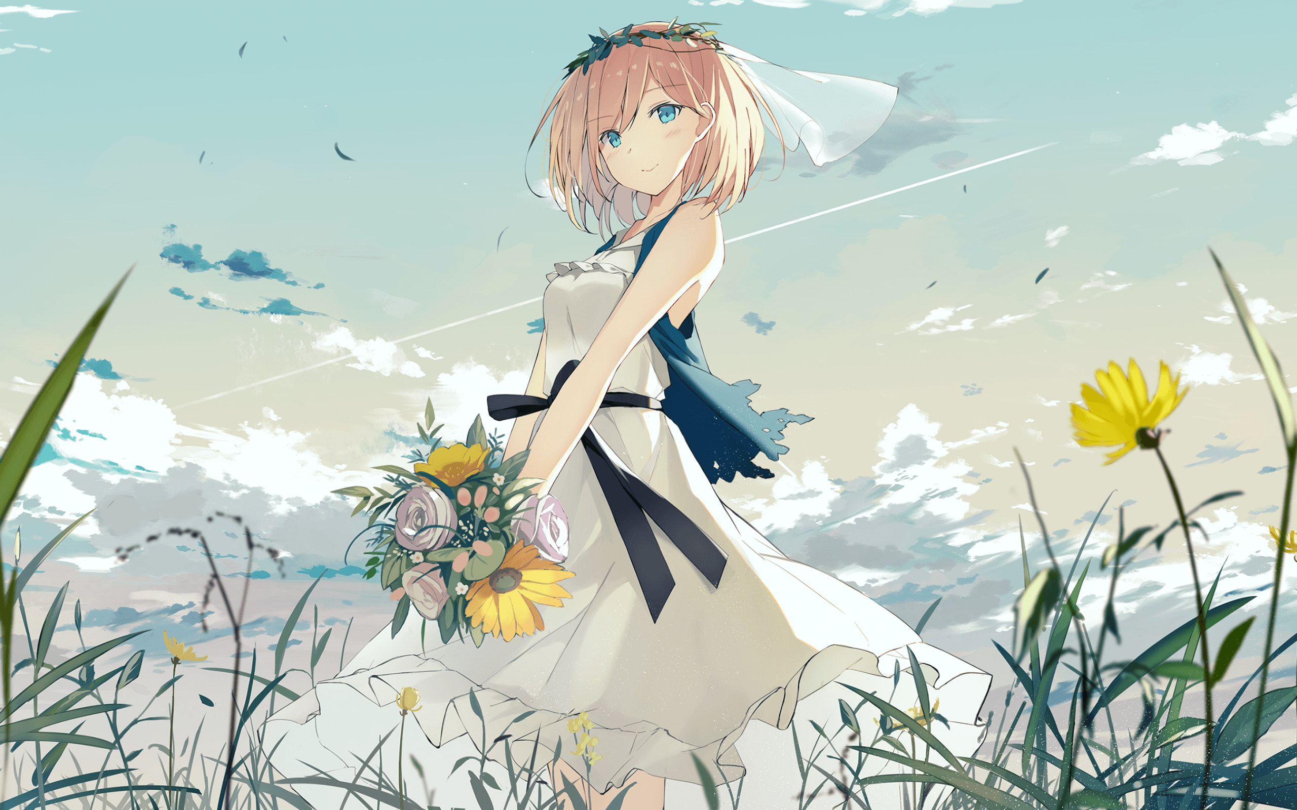 Cloud Yellow Flower Logo - Download 2560x1600 Anime Girl, Short Hair, Yellow Flowers, Clouds ...