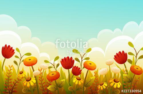 Cloud Yellow Flower Logo - Cute cartoon flowers in grass border. Red tulips, orange and yellow ...
