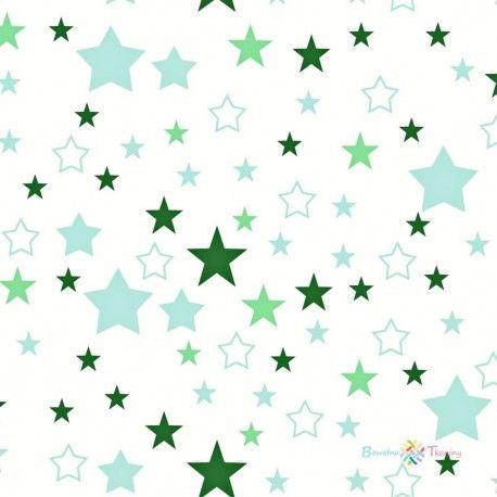White and Green Star Logo - Cotton green stars on white background - Bawelna-Tkaniny
