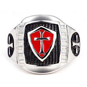 Armor Shield Logo - Stainless Mens Masonic Steel Ring Red Armor Shield Knight Templar