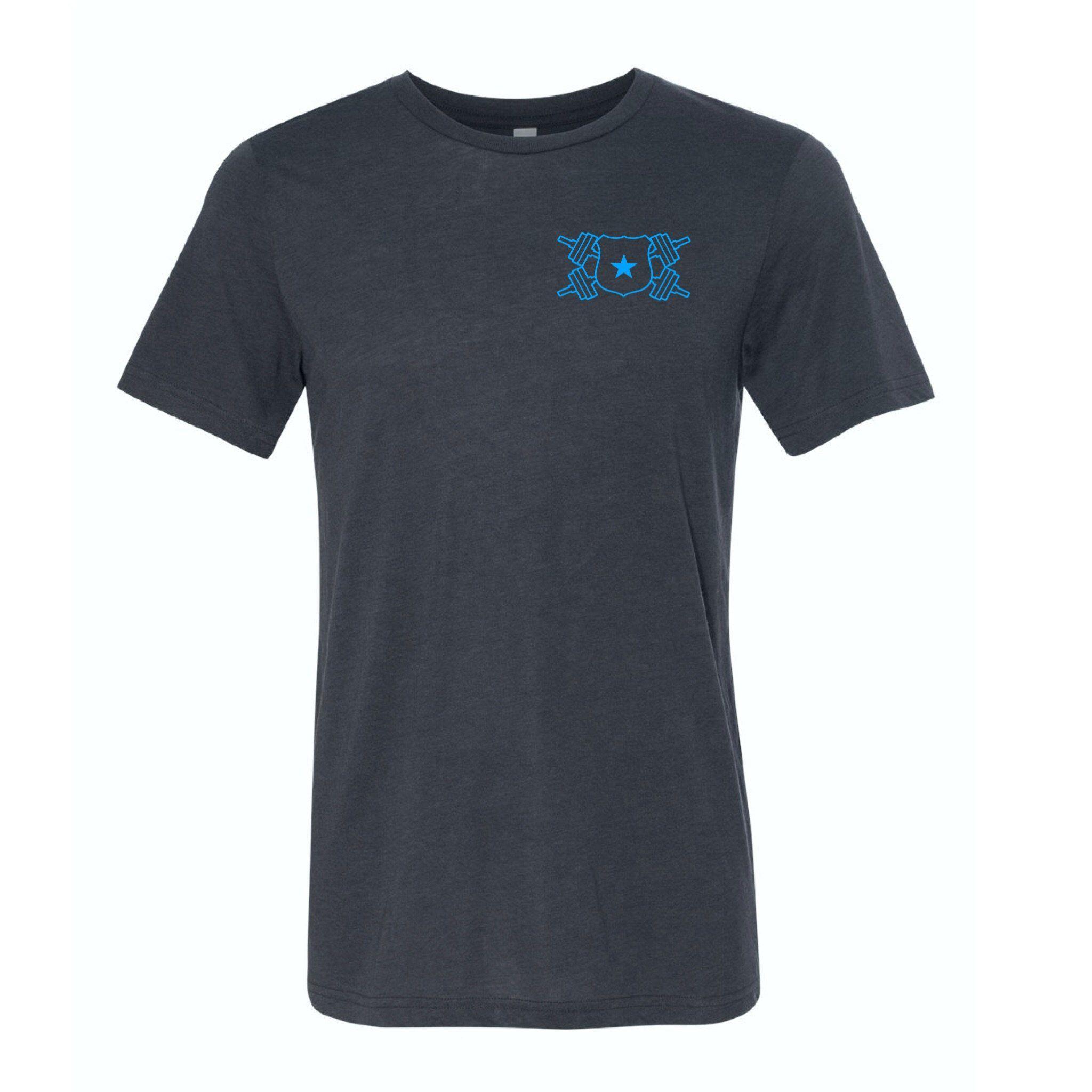 Blue and Charcoal Logo - Charcoal Shirt with Blue Logo – Barbells And Badges