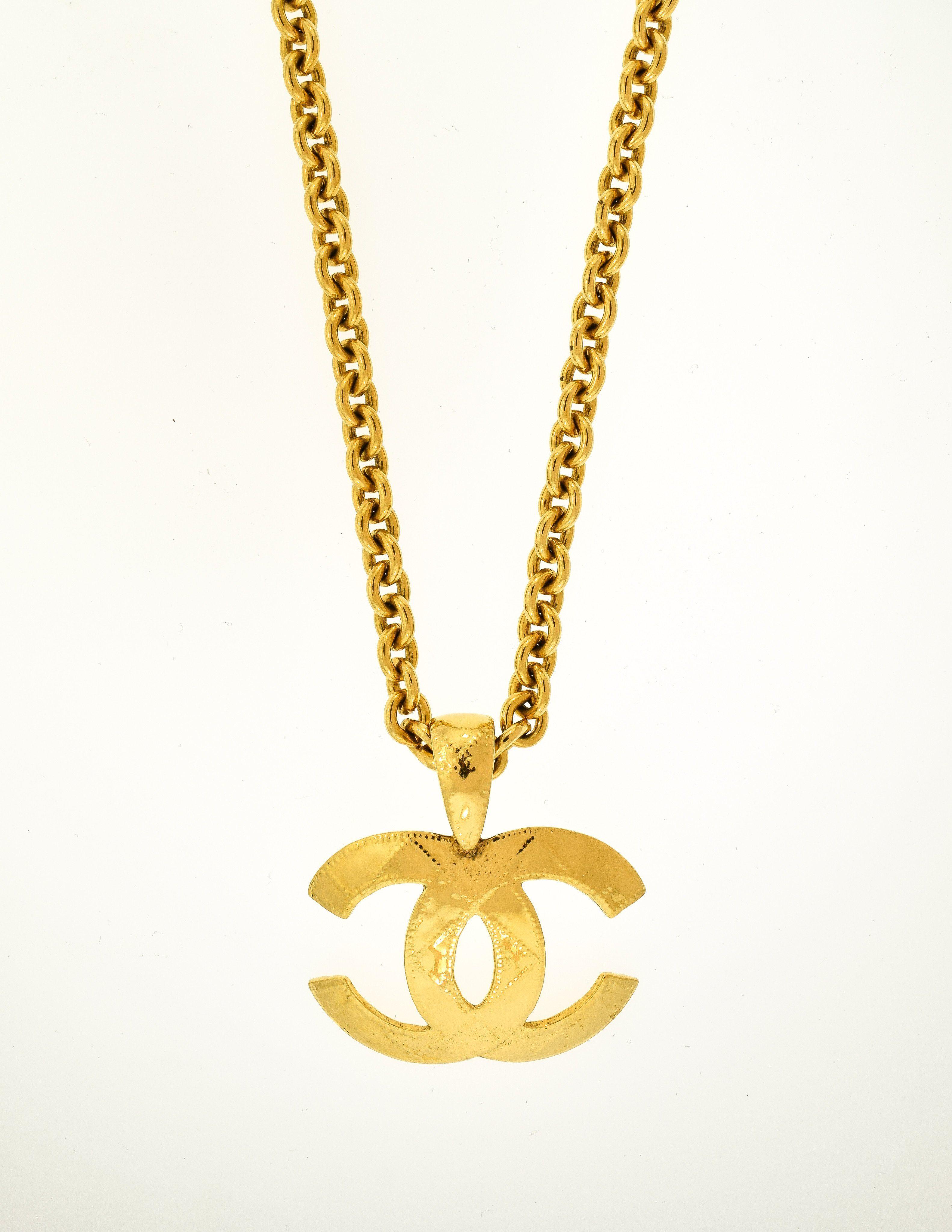 Golden Chanel Logo - Chanel Vintage Gold Quilted CC Logo Pendant Necklace Amarcord