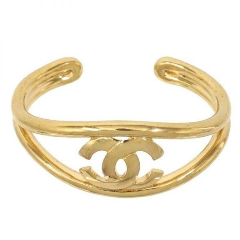 Golden Chanel Logo - Chanel Gold CC Logo Open Adjustable Evening Bangle Cuff Bracelet