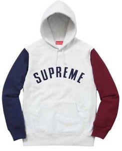 Burgandy and Grey Logo - Supreme Colour Blocked Arc Logo Hoodie - Size M - Navy/Grey/Burgundy ...