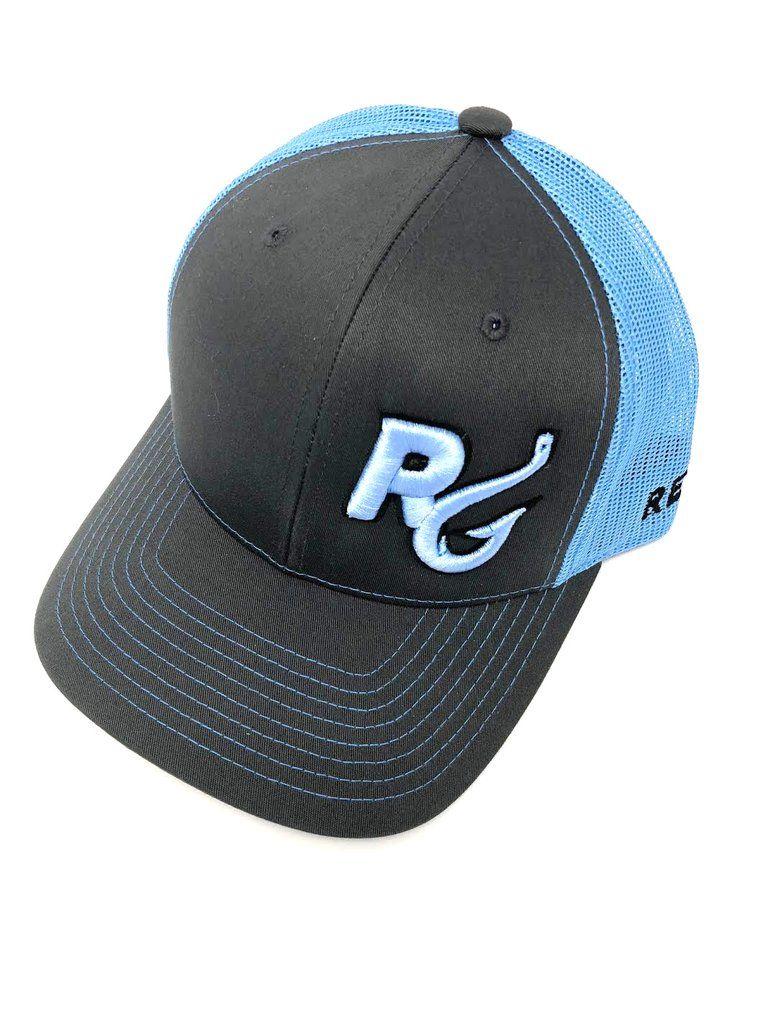Blue and Charcoal Logo - Reel Girls Logo Adjustable Trucker Hat - Charcoal with Columbia Blue