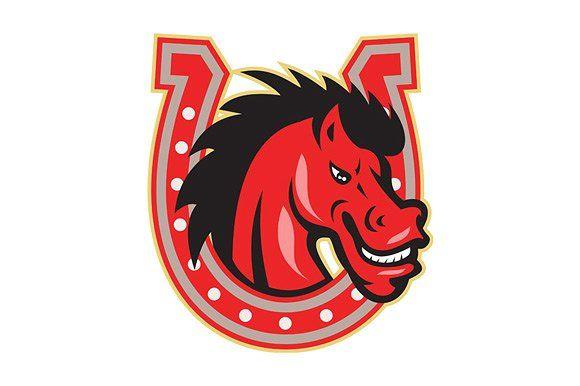 Horse Head in Horseshoe Logo - Red Horse Head Horseshoe ~ Illustrations ~ Creative Market