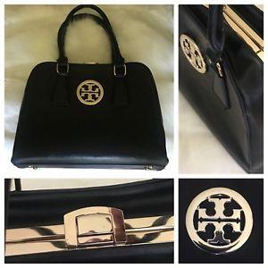 Purple Black and Gold Logo - TORY BURCH Black Leather Gold Logo Hardware Tote Bag Handbag Purple