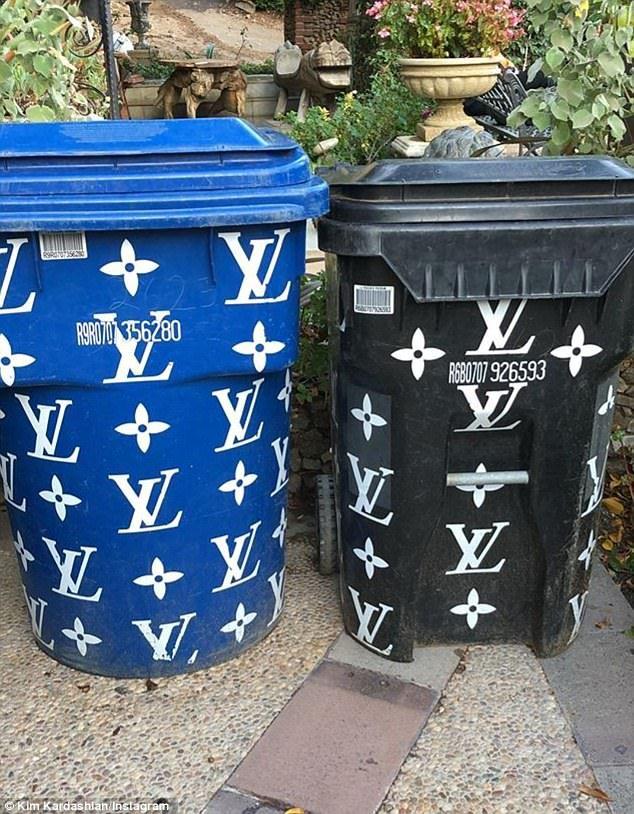 Blue Louis Vuitton Logo - Kim Kardashian shares garbage cans with Louis Vuitton logo | Daily ...
