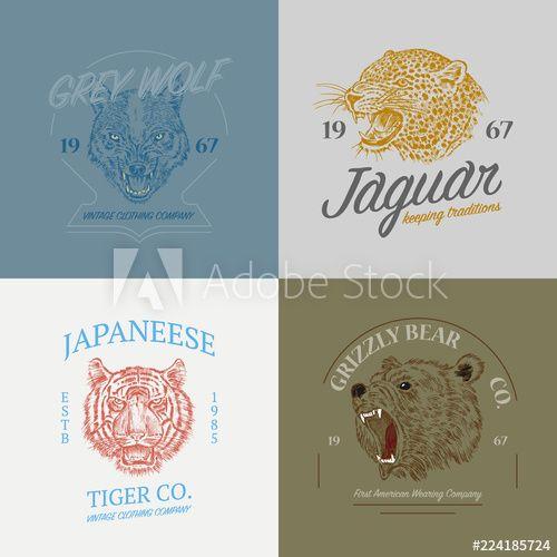 Grizzly Print Logo - Set of wild animals logos. Grunge label print. Japanese Tiger and ...