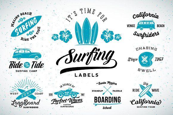 Vintage Surf Logo - Vintage Surfing Labels Logos Set Logo Templates Creative Market