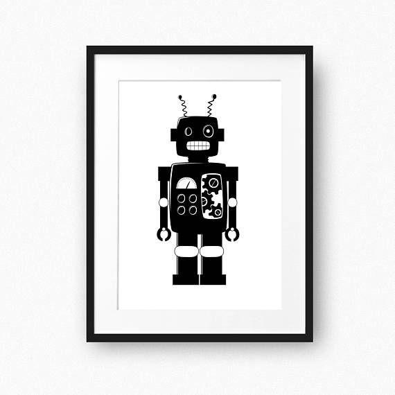 Black and White Robot Logo - Robot print for boys Black and white boys nursery decor | Albie's ...
