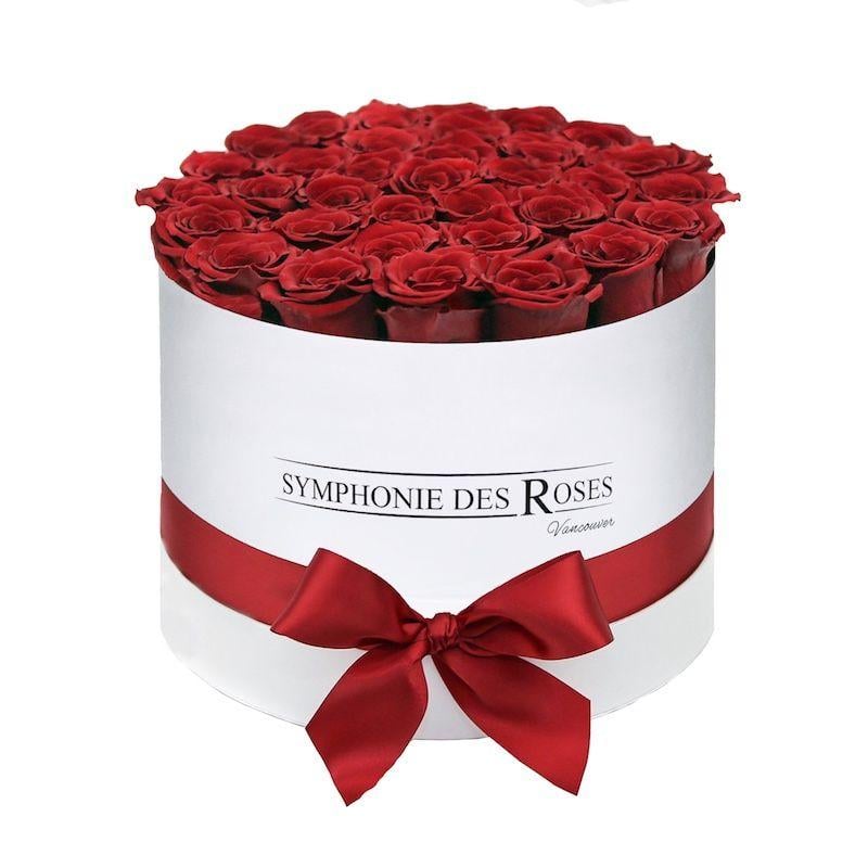 White Box with a Red a Logo - Red Roses in a White Box - Reve Collection - Symphonie Des Roses ...