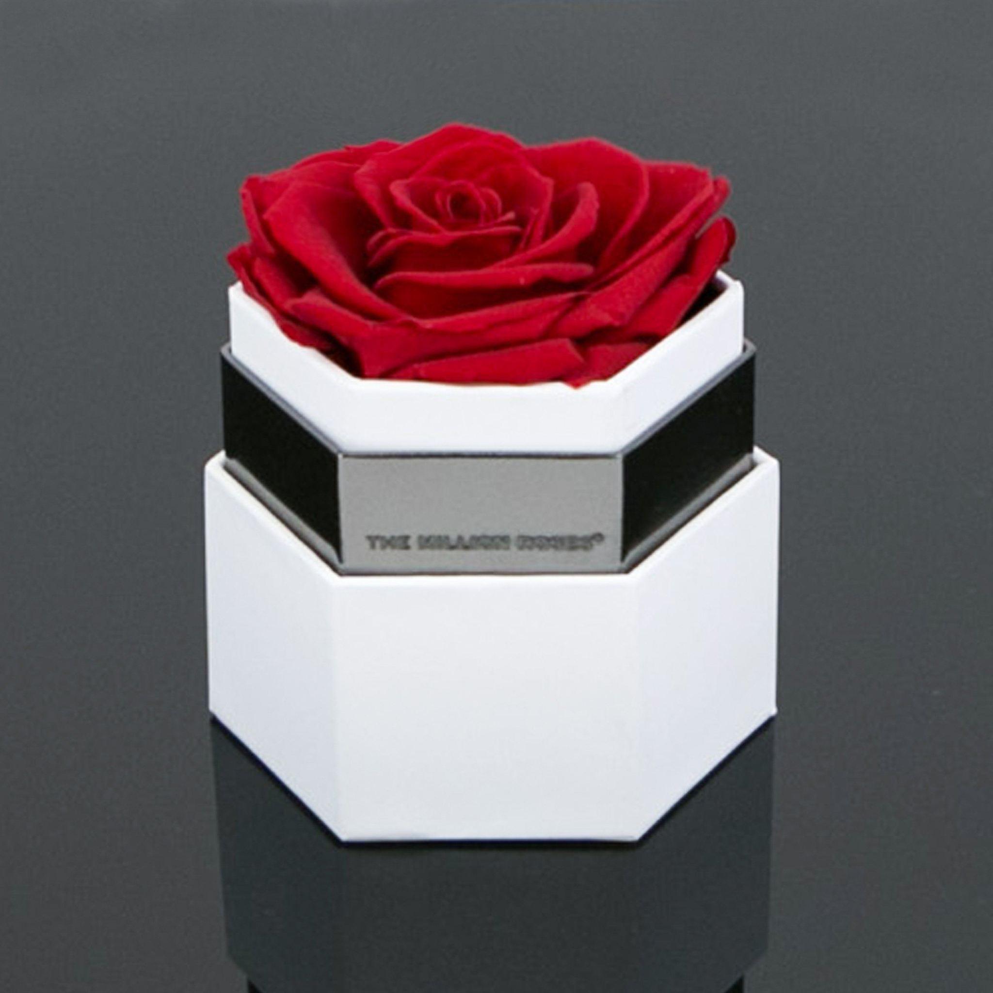 White Box with a Red a Logo - one in a million™ hexagon - white box / nickel ring / red rose
