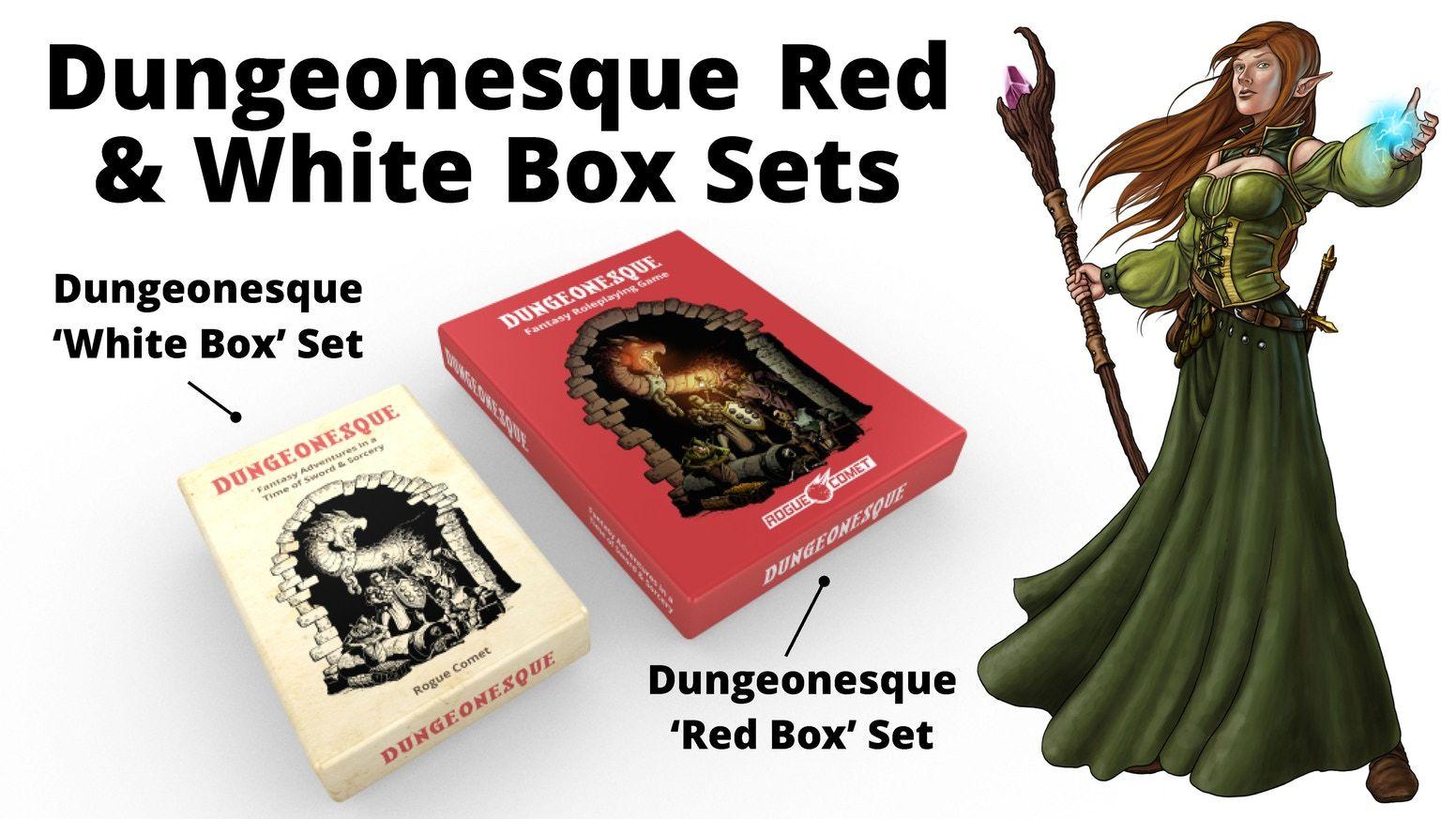 White Box with a Red a Logo - Dungeonesque Red & White Box Sets (5e RPG) by Rogue Comet — Kickstarter