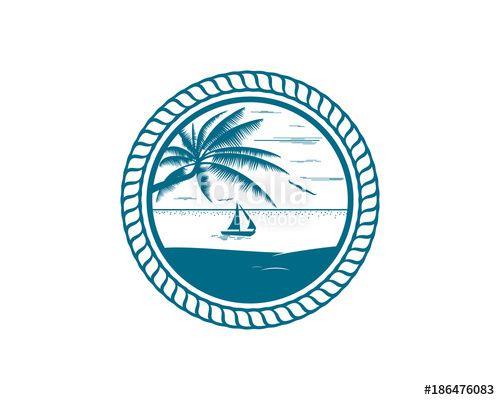 Beach Circle Logo - Beach with Palm Tree, Flying Bird and Sailboat Symbol Classic Logo