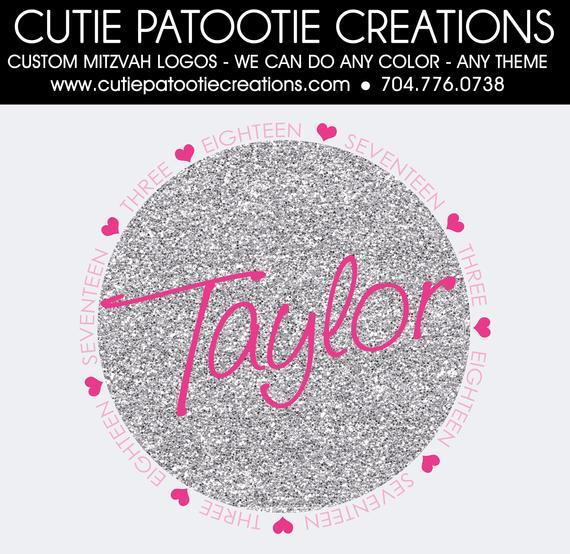 Pink Glitter Logo - Bat Mitzvah Logo in Silver and Pink Glitter with Hearts - Custom ...