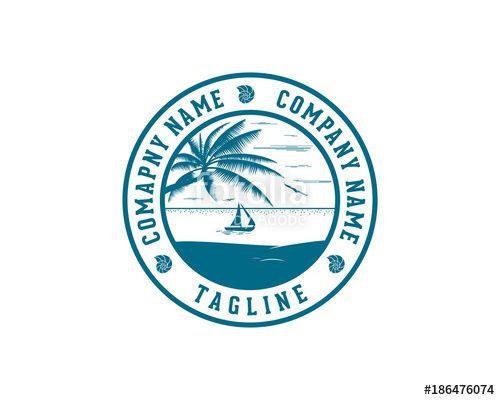 Beach Circle Logo - Beach with Palm Tree, Flying Bird, Shells and Sailboat Symbol ...