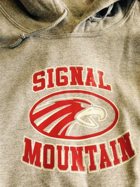 Mountains and Red Oval Logo - Sport Gray Hooded Sweatshirt with Red/White Oval Eagle and Signal ...