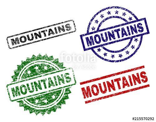 Mountains and Red Oval Logo - MOUNTAINS seal prints with damaged texture. Black, green, red, blue