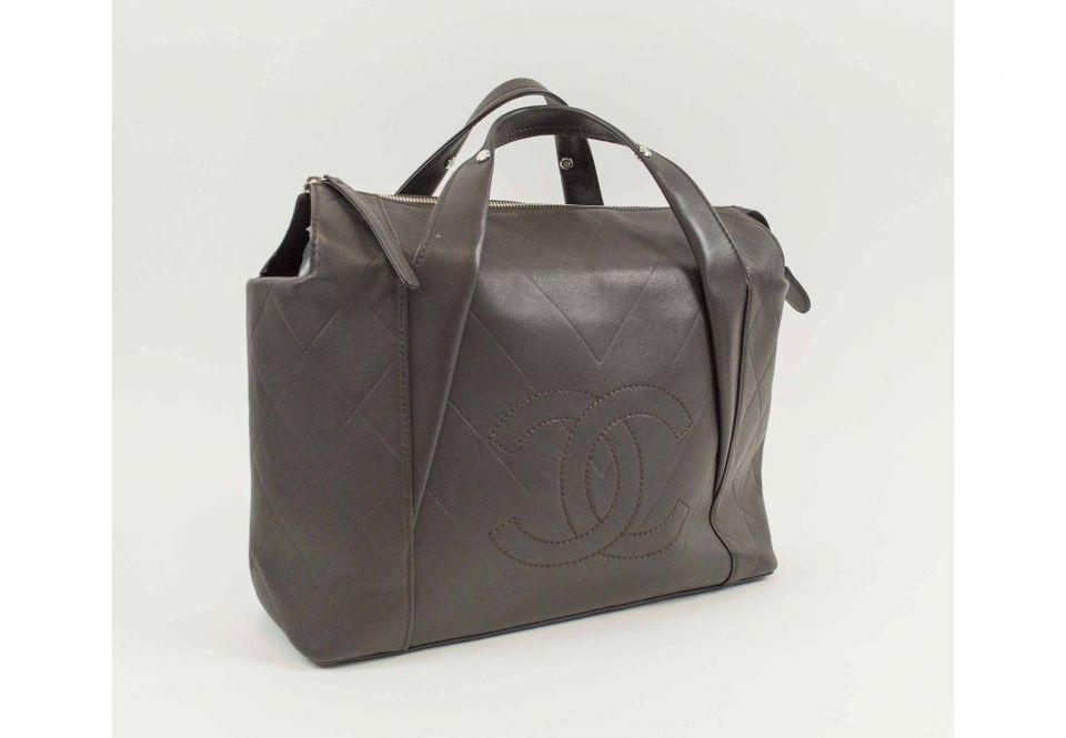 Two Silver Chevrons Logo - CHANEL TOTE/WEEKEND BAG, brown leather with chevron and square ...