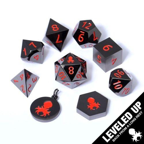 Red Numbers Logo - 9pc Dwarven Black Chrome Metal RPG Dice With Red Numbers