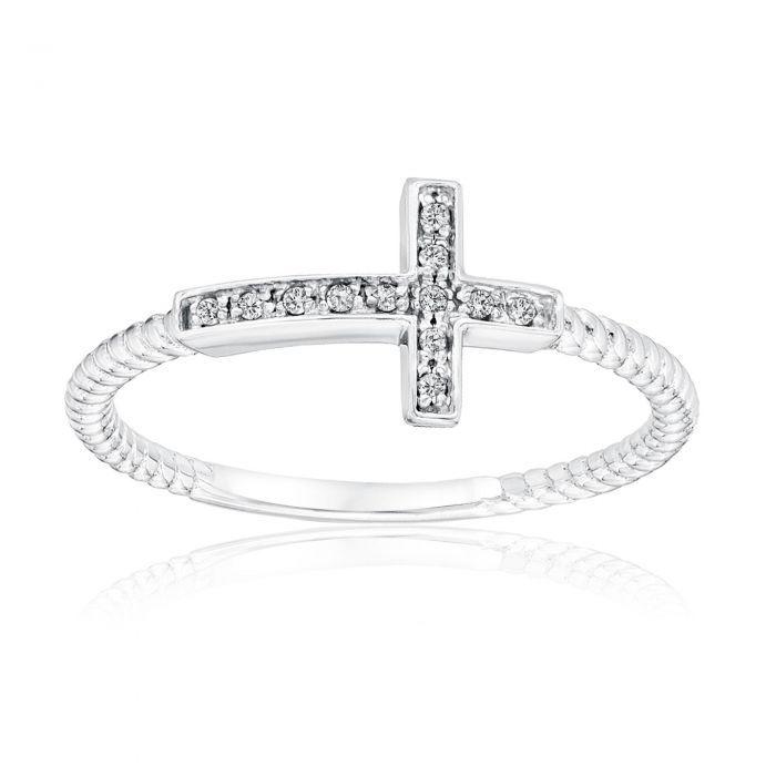 Sideways Diamond Logo - Sterling Silver Diamond Accented Sideways Cross Ring