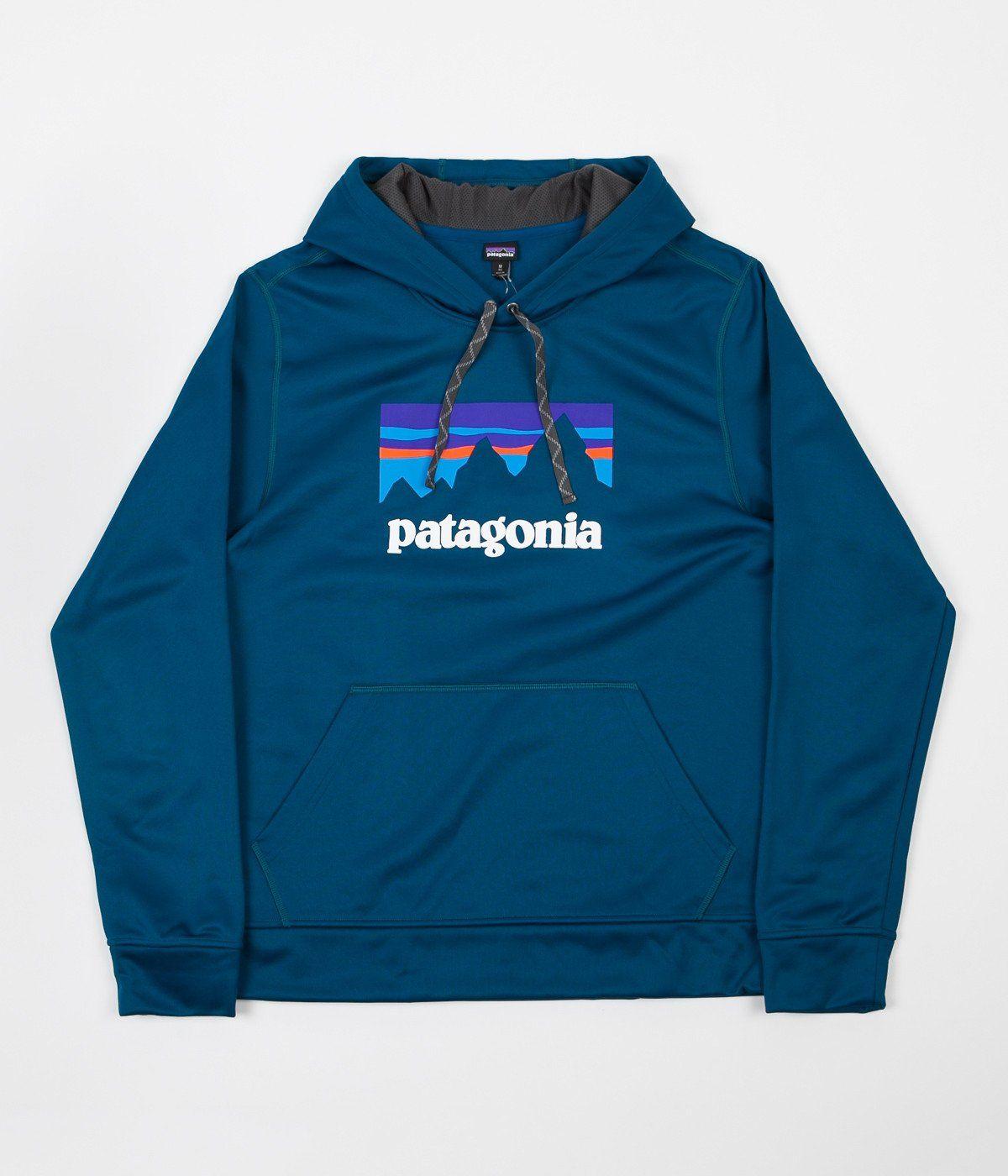 Patagonia Clothing Logo - Patagonia Shop Sticker Hoodie - Big Sur Blue | Flatspot