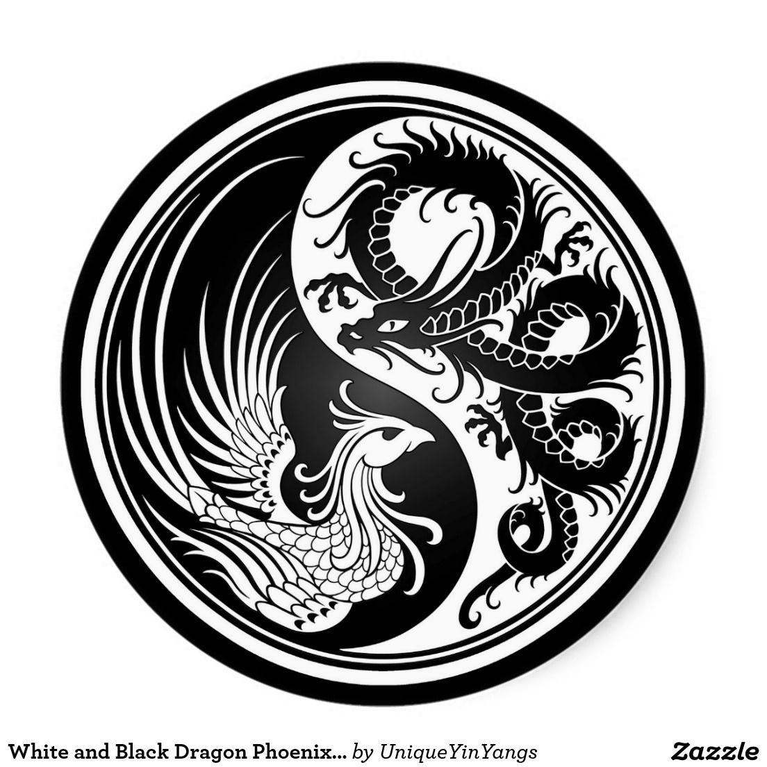 Yellow and Black Dragon Logo - White and Black Dragon Phoenix Yin Yang Round Sticker. tattoo ideas