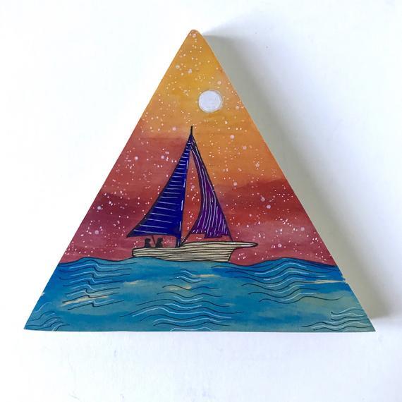 Sailboat Triangle Logo - Galaxy Triangle Art Watercolor Wood Art Nature Sailboat | Etsy